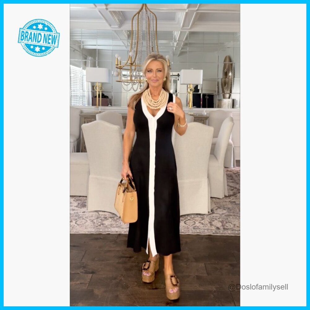 Sleeveless V-Neck Ribbed Knit Midi Dress Button Down Casual Summer Chic - Picture 5 of 7